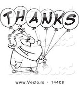 Vector of a Cartoon Grateful Boy Holding Thanks Balloons - Coloring Page Outline by Toonaday