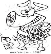 Vector of a Cartoon Greedy Pig with Money - Outlined Coloring Page Drawing by Toonaday