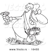 Vector of a Cartoon Greedy Rich Businessman Holding His Money - Outlined Coloring Page Drawing by Toonaday