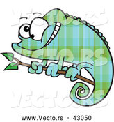 Vector of a Cartoon Green and Blue Plaid Chameleon Lizard Smiling on a Branch by Toonaday