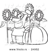 Vector of a Cartoon Green Thumb Farmer with Sunflowers and a Giant Pumpkin - Outlined Coloring Page by Toonaday