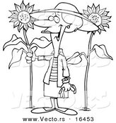 Vector of a Cartoon Green Thumb Girl in Her Sunflower Gardener - Outlined Coloring Page Drawing by Toonaday
