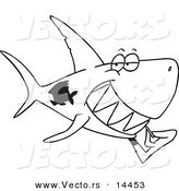Vector of a Cartoon Grinning Shark Using a Toothpick - Coloring Page Outline by Toonaday