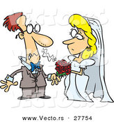 Vector of a Cartoon Groom Getting Allergic Reaction Beside His Bride's Red Bouquet of Flowers by Toonaday