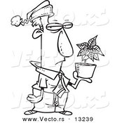 Vector of a Cartoon Grumpy Employee Holding a Poinsettia Christmas Bonus - Coloring Page Outline by Toonaday