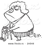 Vector of a Cartoon Grumpy Granny Using Her Walker - Outlined Coloring Page by Toonaday