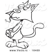 Vector of a Cartoon Guilty Cat with a Mouse in His Mouth - Outlined Coloring Page Drawing by Toonaday