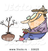 Vector of a Cartoon Guy Digging a Hole with a Shovel Beside a New Tree by Toonaday
