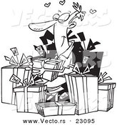 Vector of a Cartoon Guy Giving Himself Gifts - Coloring Page Outline by Toonaday