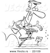 Vector of a Cartoon Guy Seeding His Garden on a Pogo Stick - Coloring Page Outline by Toonaday