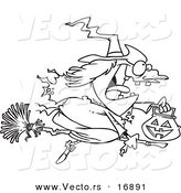 Vector of a Cartoon Halloween Witch Flying on Her Broom - Coloring Page Outline by Toonaday