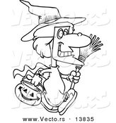 Vector of a Cartoon Halloween Witch Girl Carrying a Pumpkin Basket - Coloring Page Outline by Toonaday