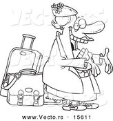 Vector of a Cartoon Happy Auntie Greeting by Her Luggage - Coloring Page Outline by Toonaday