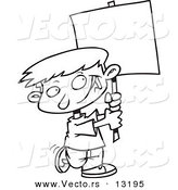 Vector of a Cartoon Happy Boy Advertising with a Blank Sign - Coloring Page Outline by Toonaday