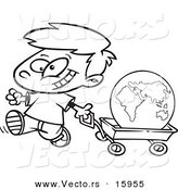 Vector of a Cartoon Happy Boy Pulling the Globe in a Wagon - Outlined Coloring Page Drawing by Toonaday