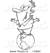 Vector of a Cartoon Happy Businessman Standing on Top of the World - Coloring Page Outline by Toonaday