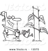 Vector of a Cartoon Happy Businessman Watering a Plant Showing Extreme Growth - Coloring Page Outline by Toonaday