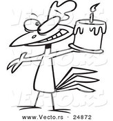 Vector of a Cartoon Happy Chicken Holding a Birthday Cake - Outlined Coloring Page by Toonaday
