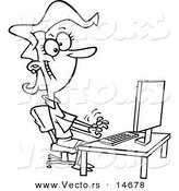 Vector of a Cartoon Happy Female Typist Working on a Computer - Coloring Page Outline by Toonaday