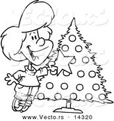 Vector of a Cartoon Happy Girl Decorating a Christmas Tree - Coloring Page Outline by Toonaday