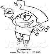 Vector of a Cartoon Happy Girl Jumping with an Ice Cream Sundae - Coloring Page Outline by Toonaday