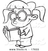 Vector of a Cartoon Happy Girl Reading - Coloring Page Outline by Toonaday