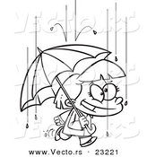 Vector of a Cartoon Happy Girl with an Umbrella in the Rain - Coloring Page Outline by Toonaday