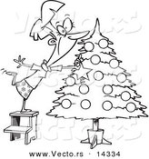 Vector of a Cartoon Happy Lady Decorating a Christmas Tree - Coloring Page Outline by Toonaday