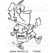 Vector of a Cartoon Happy Mail Woman Walking and Holding a Message - Outlined Coloring Page by Toonaday