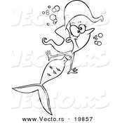 Vector of a Cartoon Happy Swimming Mermaid - Outlined Coloring Page by Toonaday
