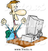 Vector of a Cartoon Happy White Businessman Working on a Computer by Toonaday