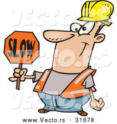 Vector of a Cartoon Happy White Male Construction Worker Slowing down Traffic by Toonaday