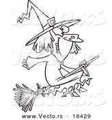 Vector of a Cartoon Happy Witch on Her Broomstick - Outlined Coloring Page Drawing by Toonaday