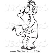 Vector of a Cartoon Happy Young Man Using a Computer Tablet - Outlined Coloring Page by Toonaday
