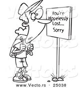 Vector of a Cartoon Hiker at a Youre Hopelessly Lost Sorry Sign - Outlined Coloring Page by Toonaday