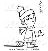 Vector of a Cartoon Hopeful Boy with a Sled and One Snowflake - Outlined Coloring Page by Toonaday