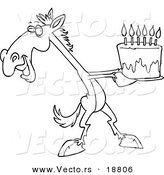 Vector of a Cartoon Horse Presenting a Birthday Cake - Outlined Coloring Page by Toonaday