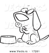 Vector of a Cartoon Hungry Dog Watching His Bowl - Coloring Page Outline by Toonaday