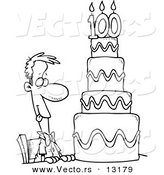 Vector of a Cartoon Hungry Guy Drooling over a 100 Birthday Cake - Coloring Page Outline by Toonaday