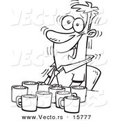 Vector of a Cartoon Jittery Businessman with Coffee Cups at a Table - Outlined Coloring Page Drawing by Toonaday