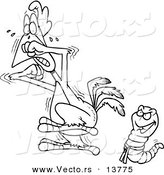 Vector of a Cartoon Karate Worm Intimidating a Rooster - Coloring Page Outline by Toonaday