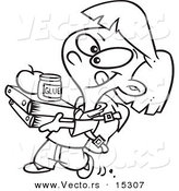 Vector of a Cartoon Keen Girl Carrying Binders - Coloring Page Outline by Toonaday