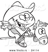 Vector of a Cartoon Kid Cowboy Riding a Stick Pony - Coloring Page Outline by Toonaday