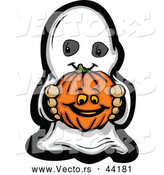 Vector of a Cartoon Kid Ghost Holding a Pumpkin by Chromaco