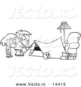 Vector of a Cartoon Kids Setting up a Camping Tent in a Living Room - Coloring Page Outline by Toonaday