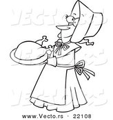 Vector of a Cartoon Lady Pilgrim Serving a Turkey - Outlined Coloring Page by Toonaday
