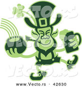 Vector of a Cartoon Leprecaun Holding a Beer Mug and Lucky Pot of Gold with Rainbow by Zooco