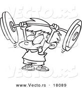 Vector of a Cartoon Little Boy Lifting a Barbell - Outlined Coloring Page by Toonaday