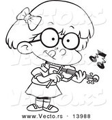 Vector of a Cartoon Little Girl Standing and Playing a Violin - Coloring Page Outline by Toonaday