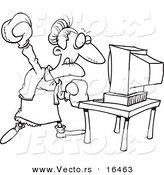 Vector of a Cartoon Mad Granny Beating a Computer with Boxing Gloves - Outlined Coloring Page Drawing by Toonaday